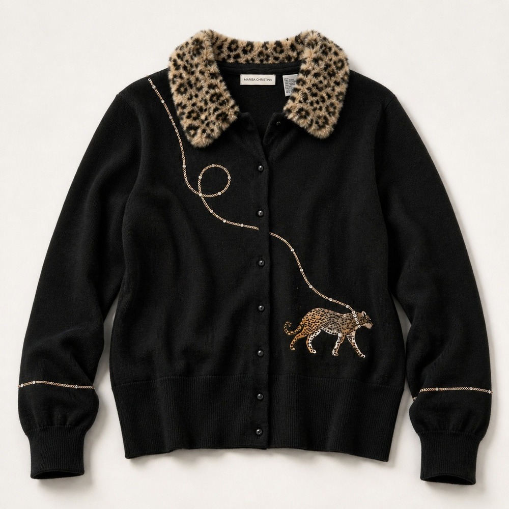 Marisa Christina Leopard Embroidery Cardigan Faux Fur Cat Black Maximalist L